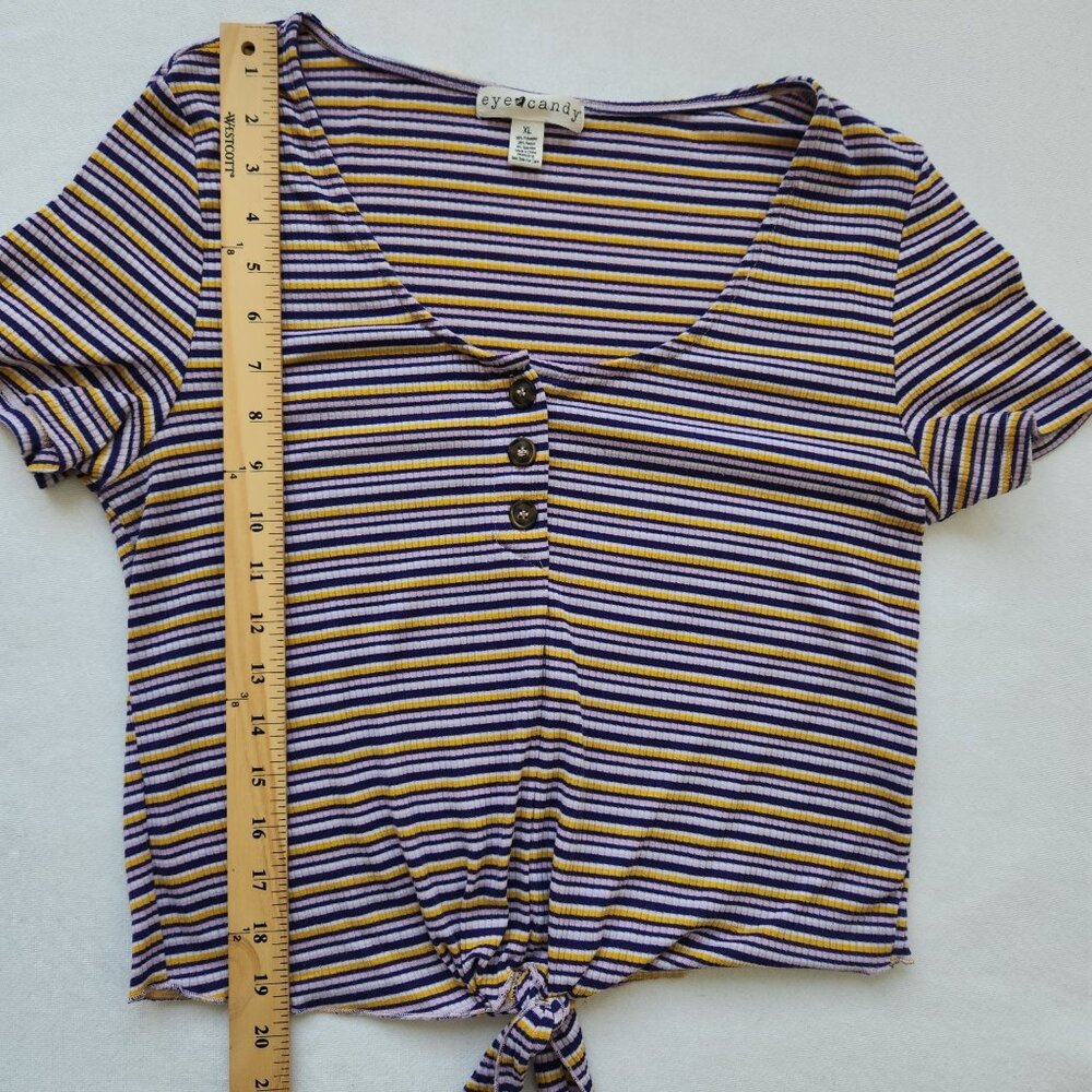Eye Candy Striped Knot Front Short Sleeve Top Purple Yellow Summer - Picture 6 of 6